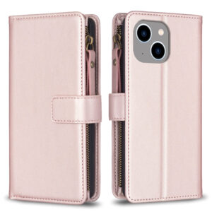 For iPhone 14 / 13 9 Card Slots Zipper Wallet Leather Flip Phone Case(Rose Gold)