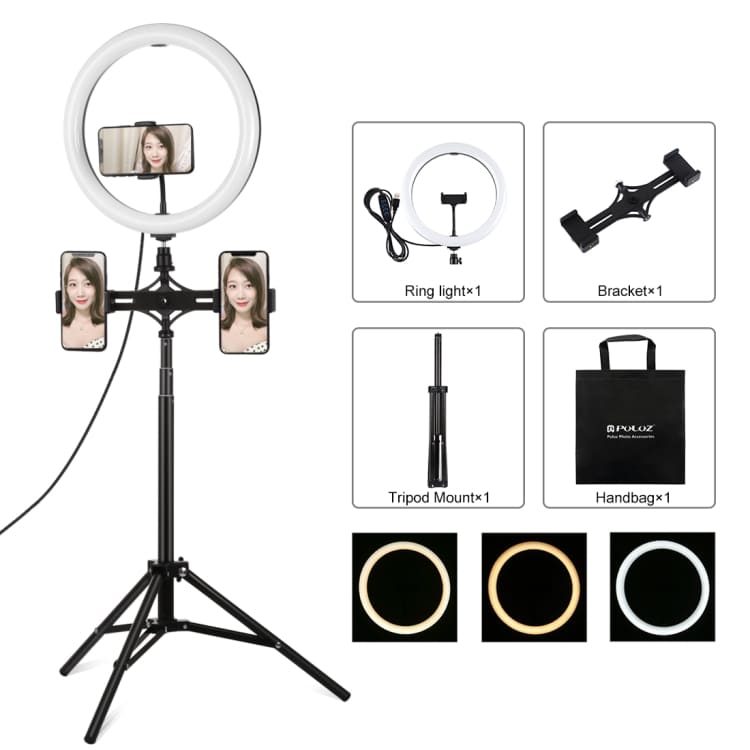 PULUZ 11.8 inch 30cm Light + 1.65m Tripod + Dual Phone Bracket Curved Surface USB 3 Modes Dimmable Dual Color Temperature LED Ring Vlogging Video Light Live Broadcast Kits with Phone Clamp(Black)