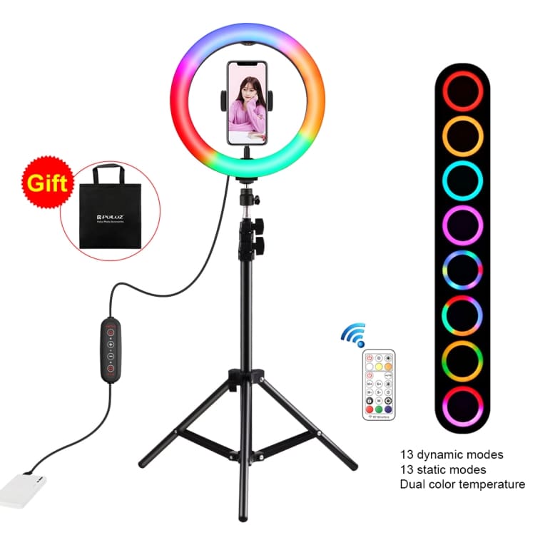 PULUZ 10.2 inch 26cm Marquee LED RGBWW Selfie Beauty Light + 1.1m Tripod Mount 168 LED Dual-color Temperature Dimmable Ring Vlogging Photography Video Lights with Cold Shoe Tripod Ball Head & Remote Control & Phone Clamp(Black)