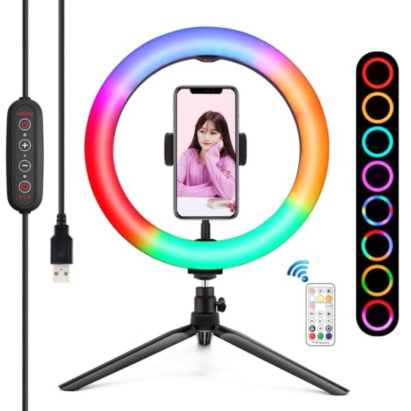PULUZ 10.2 inch 26cm Marquee LED RGBWW Selfie Beauty Light + Desktop Tripod Mount 168 LED Dual-color Temperature Dimmable Ring Vlogging Photography Video Lights with Cold Shoe Tripod Ball Head & Remote Control & Phone Clamp(Black)
