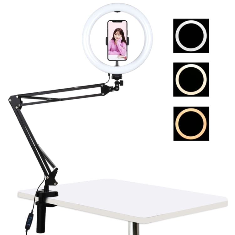 PULUZ 10.2 inch 26cm Ring Curved Light + Desktop Arm Stand USB 3 Modes Dimmable Dual Color Temperature LED Vlogging Selfie Photography Video Lights with Phone Clamp(Black)