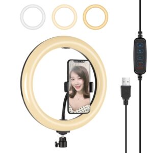 PULUZ 10.2 inch 26cm USB 3 Modes Dimmable LED Ring Vlogging Selfie Beauty Photography Video Lights with Tripod Ball Head & Phone Clamp(Black)