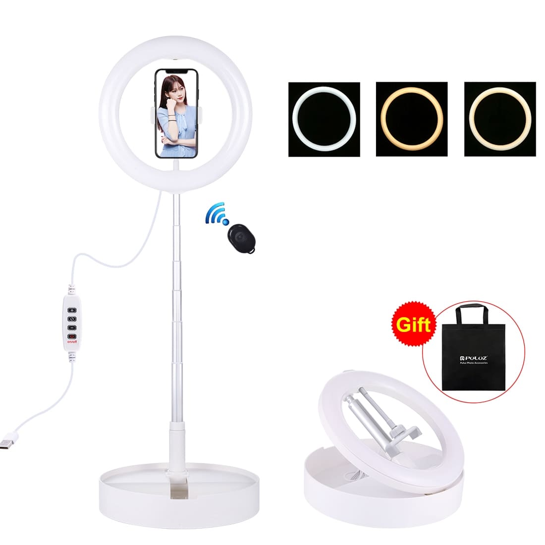 PULUZ 10.2 inch 26cm USB 3 Modes Dimmable Dual Color Temperature LED Curved Ring Vlogging Selfie Photography Video Lights with Bluetooth Remote Shutter & Folding Desktop Holder & Phone Clamp(White)