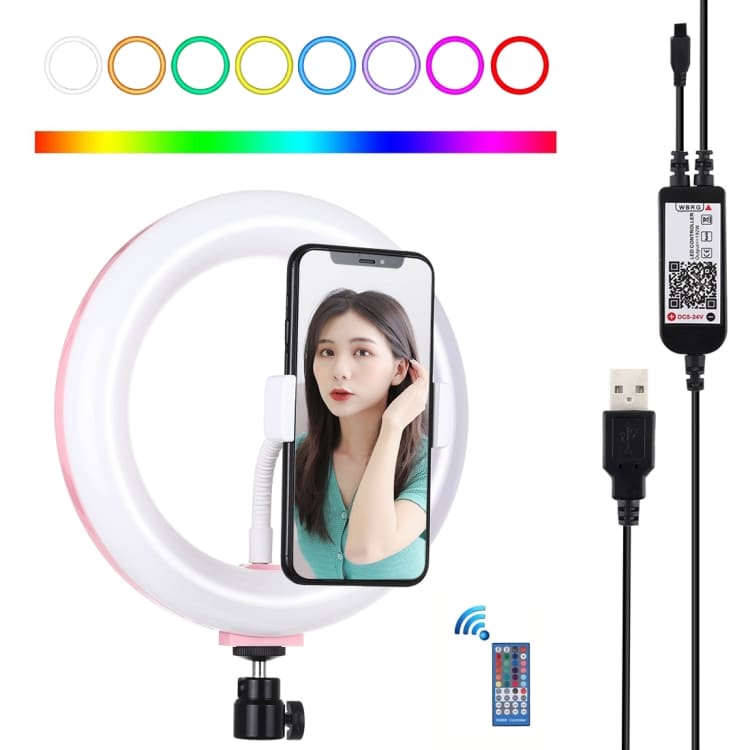 PULUZ 7.9 inch 20cm USB RGB Dimmable LED Dual Color Temperature LED Curved Light Ring Vlogging Selfie Photography Video Lights with Phone Clamp(Pink)