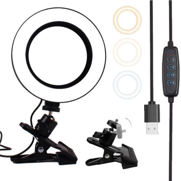 6 inch Strong Clip Fill Light With Adjustable Temperature LED Ring Light Desktop Computer Clip Light, Cable Length: 2 Meters